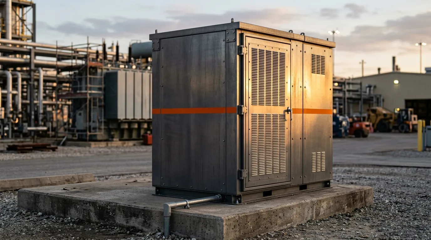 An outdoor commercial battery storage cabinet on a concrete pad, an installation the IEC 62619 product standard does not govern